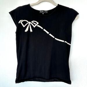 Vintage Trio New York Silk Knit Bow Graphic Top Black Size M